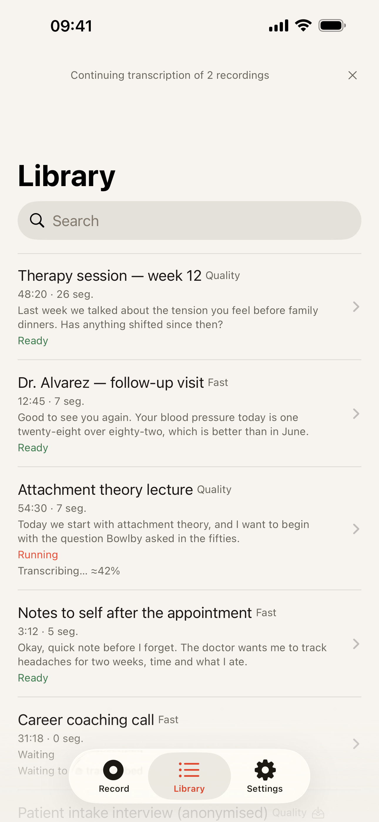 Library after an interruption: Banner: continuing transcription of 2 recordings; Each recording with its status – Ready, Running, Waiting; Search field over the library.