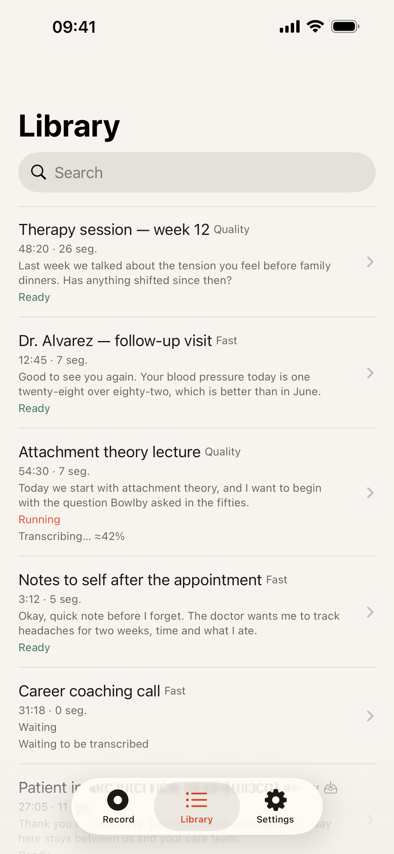 Library of recordings: Recordings with titles, durations and a text preview; A search field over the whole library; Ready, Running and Waiting states side by side.