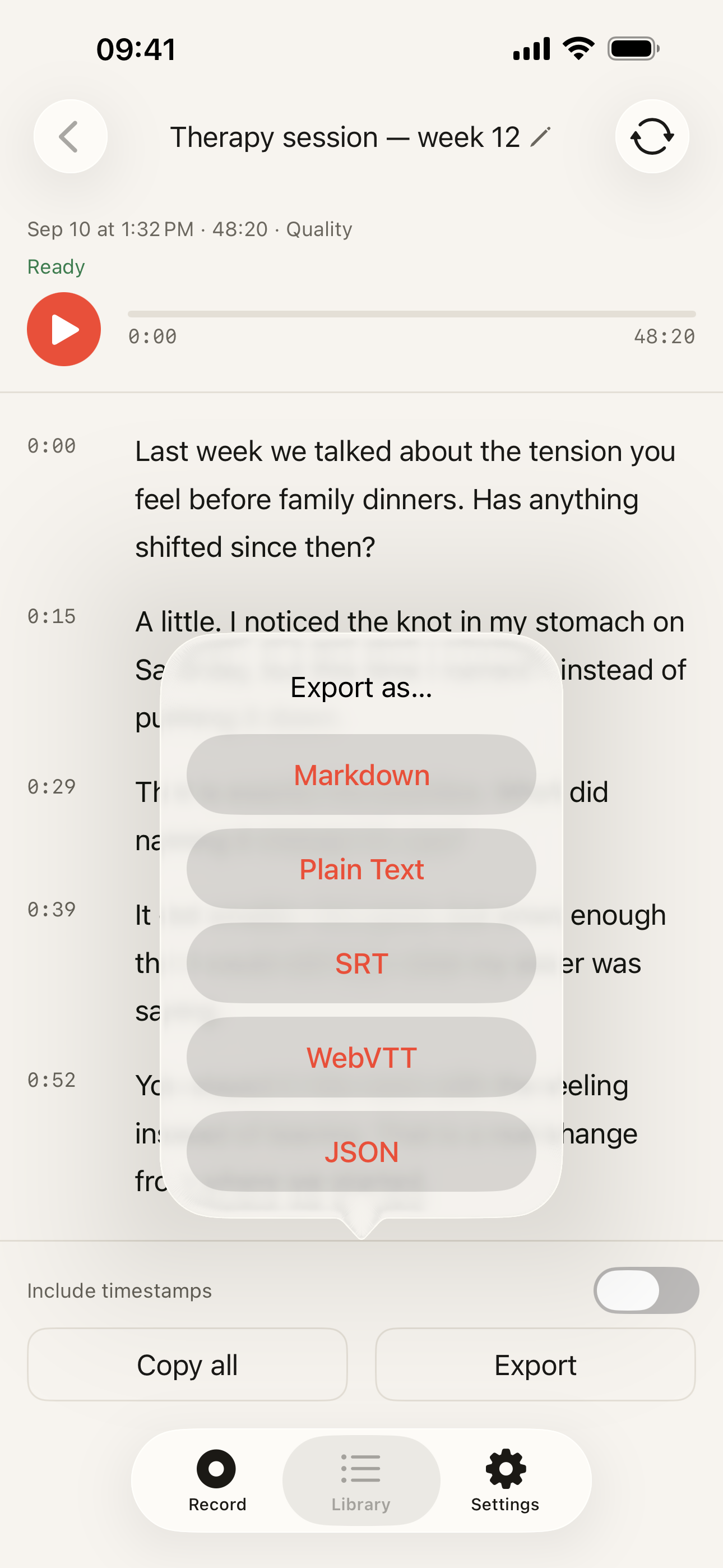 Export sheet: Markdown, Plain Text, SRT, WebVTT and JSON; Include timestamps toggle; Copy all beside Export.