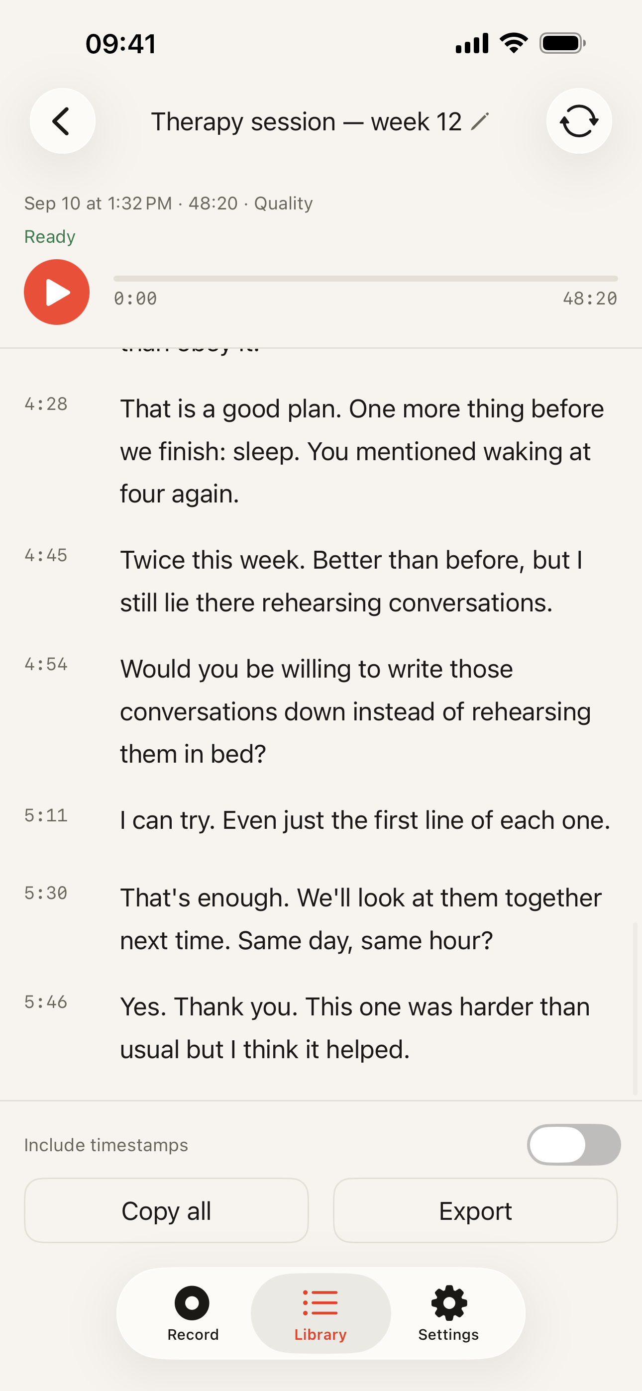 Finished transcript: Status: Ready; Timecodes down the left edge; Copy all and Export buttons.